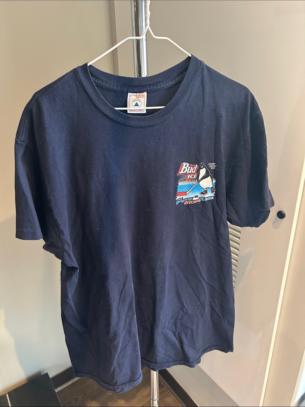 Vintage Bud Ice Navy Blue Short Sleeve Tee with Chest Graphic